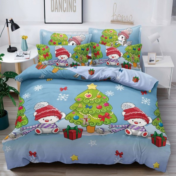 Lenjerie pat dublu,  FINET, 6 piese, Craciun, Jojo Home, Bleu-Multicolor, brazi, jucarii [1]