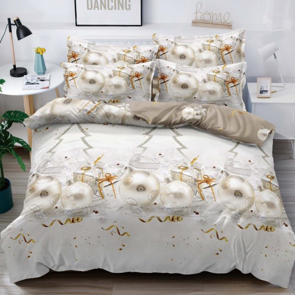 Lenjerie pat dublu,  FINET, 6 piese, Craciun, Jojo Home, Crem-Bej, globulete [1]