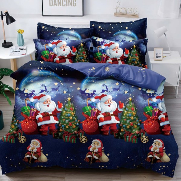 Lenjerie pat dublu,  FINET, 6 piese, Craciun, Jojo Home, Bleumarin-Multicolor, Mos Craciun, brazi, cadouri [1]