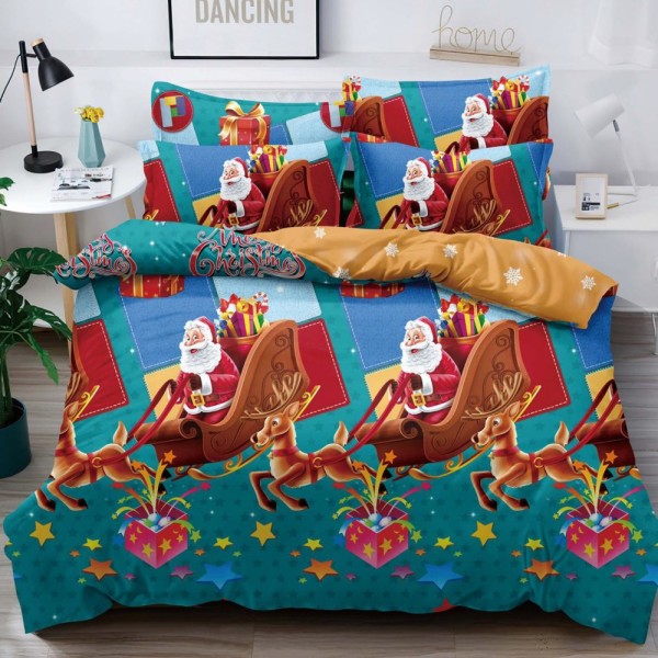 Lenjerie pat dublu,  FINET, 6 piese, Craciun, Jojo Home, Bleu-Multicolor, sania lui Mos Craciun [1]