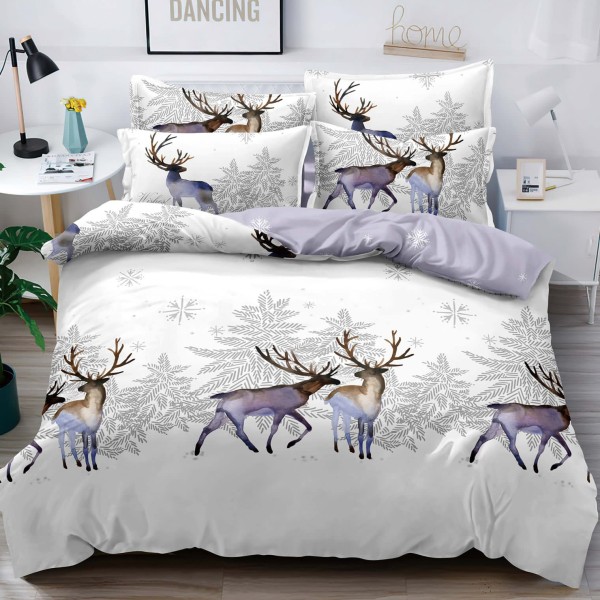 Lenjerie pat dublu,  FINET, 6 piese, cu ELASTIC, Craciun, Jojo Home, Alb-Gri, reni [1]