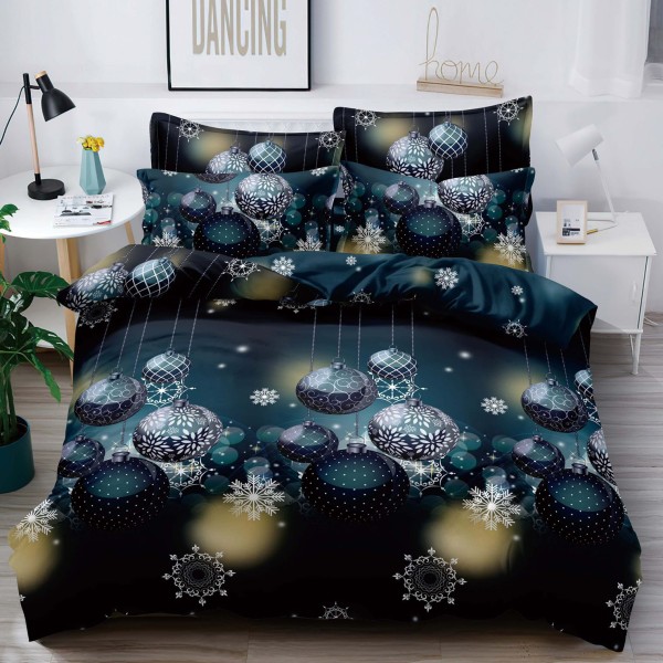 Lenjerie pat dublu,  FINET, 6 piese, Craciun, Jojo Home, Bleumarin, globulete [1]