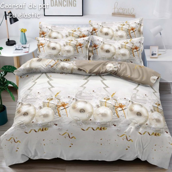 Lenjerie pat dublu,  FINET, 6 piese, cu ELASTIC, Craciun, Jojo Home, Gri-Crem, globulete [1]