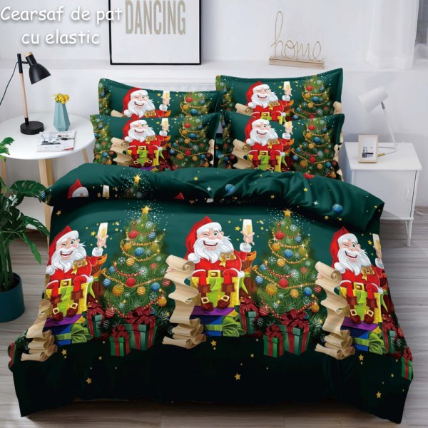 Lenjerie pat dublu,  FINET, 6 piese, cu ELASTIC, Craciun, Jojo Home, Verde-Multicolor, Mos Craciun, brazi, cadouri [1]