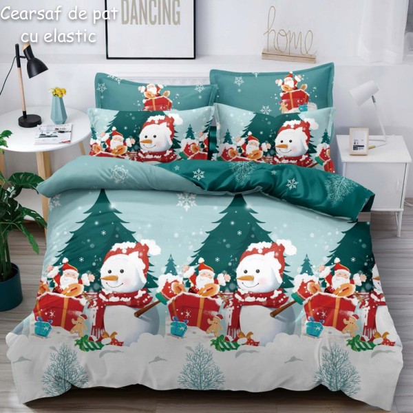 Lenjerie pat dublu,  FINET, 6 piese, cu ELASTIC, Craciun, Jojo Home, Bleu-Multicolor, oameni de zapada, brazi, Mos Craciun [1]