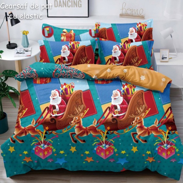 Lenjerie pat dublu,  FINET, 6 piese, cu ELASTIC, Craciun, Jojo Home, Bleu-Multicolor, sania lui Mos Craciun [1]