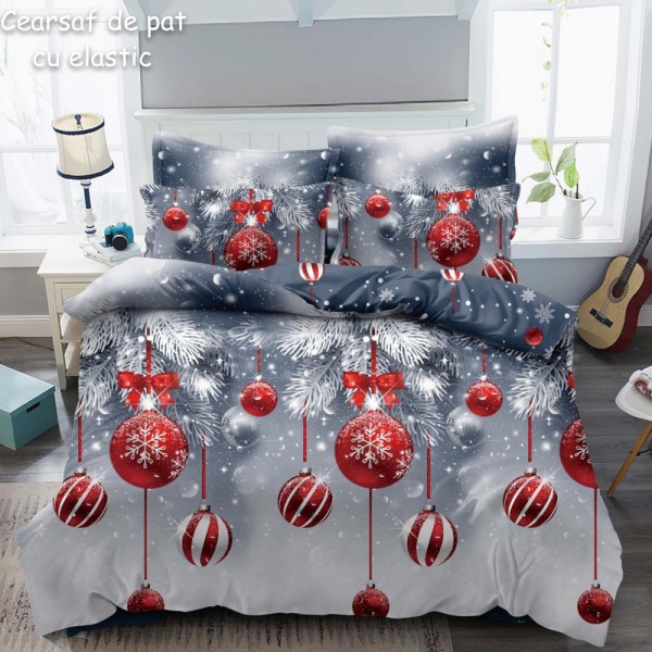Lenjerie pat dublu,  FINET, 6 piese, cu ELASTIC, Craciun, Jojo Home, Gri-Rosu, crengute de brad, globulete [1]