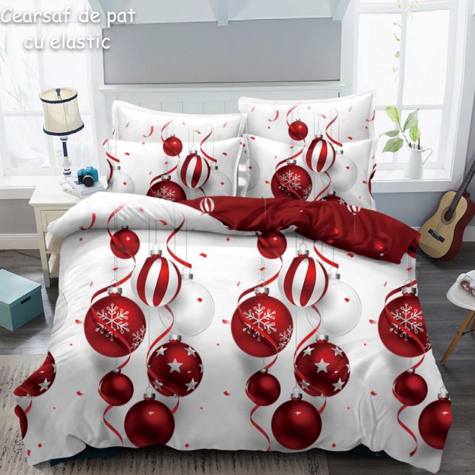 OFERTA 1+1=199 Lei: Lenjerie pat dublu BUMBAC FINET 6 piese cu ELASTIC X-Mass Collection Jojo Home Alb-Rosu globulete