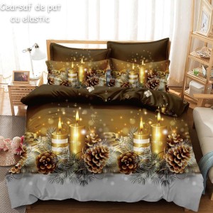 Lenjerie pat dublu, FINET, 6 piese, cu ELASTIC, Craciun, Jojo Home, Auriu-Multicolor, crengute de brad, conuri, lumanari Lenjerie pat dublu, FINET, 6 piese, cu ELASTIC, Craciun, Jojo Home, Auriu-Multicolor, crengute de brad, conuri, lumanari