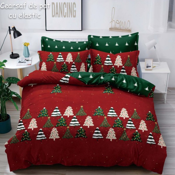 Lenjerie pat dublu,  FINET, 6 piese, cu ELASTIC, Craciun, Jojo Home, Rosu-Verde, brazi [1]