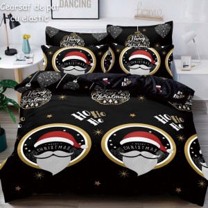Lenjerie pat dublu, FINET, 6 piese, cu ELASTIC, Craciun, Jojo Home, Negru-Multicolor, Ho-Ho-Ho Lenjerie pat dublu, FINET, 6 piese, cu ELASTIC, Craciun, Jojo Home, Negru-Multicolor, Ho-Ho-Ho