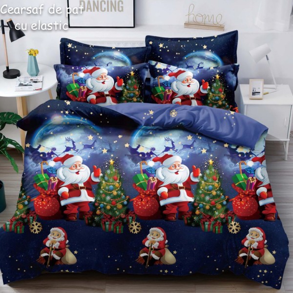 Lenjerie pat dublu,  FINET, 6 piese, cu ELASTIC, Craciun, Jojo Home, Bleumarin-Multicolor, Mos Craciun, brazi, jucarii [1]