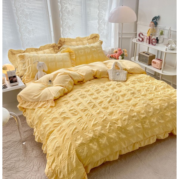 Lenjerie pat dublu,  Soft Touch CREPONAT DELUXE, 6 piese, Jojo Home, Galben [1]