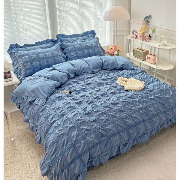Lenjerie pat dublu,  Soft Touch CREPONAT DELUXE, 6 piese, Jojo Home, Bleumarin [1]