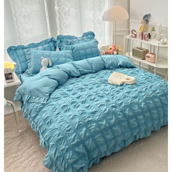 Lenjerie pat dublu,  Soft Touch CREPONAT DELUXE, 6 piese, Jojo Home, Albastru [1]