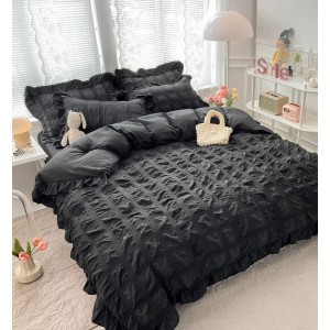 Lenjerie pat dublu,  Soft Touch CREPONAT DELUXE, 6 piese, Jojo Home, Negru