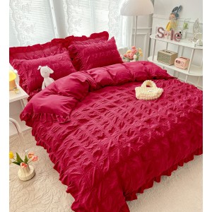 Lenjerie pat dublu,  Soft Touch CREPONAT DELUXE, 6 piese, Jojo Home, Rosu