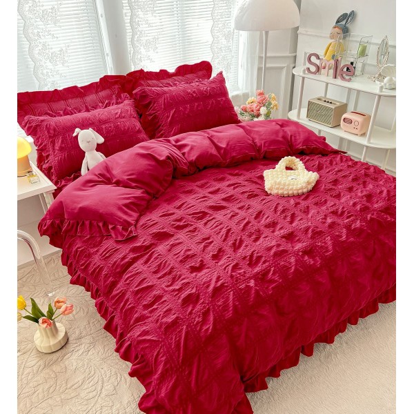 Lenjerie pat dublu,  Soft Touch CREPONAT DELUXE, 6 piese, Jojo Home, Rosu [1]