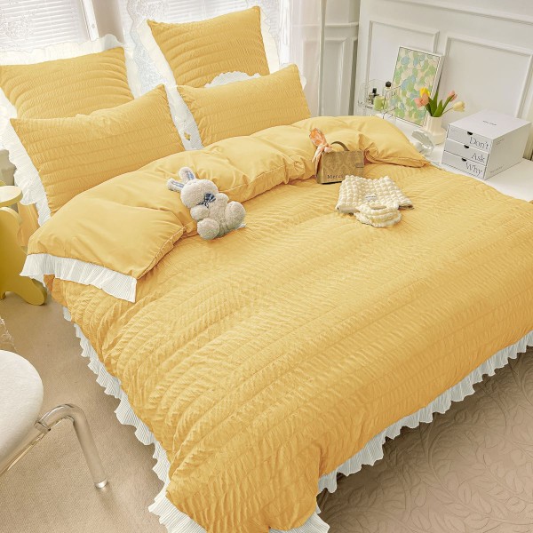 Lenjerie pat dublu,  Soft Touch CREPONAT DELUXE, 6 piese, Jojo Home, Galben [1]