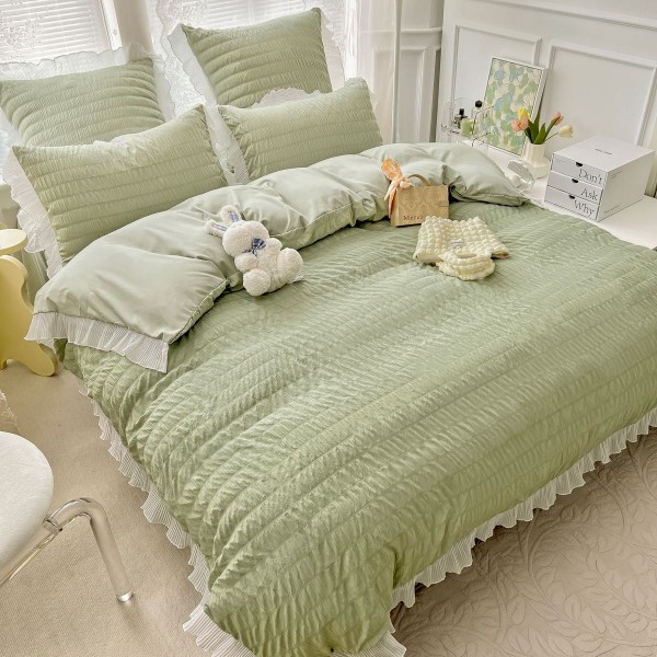 Lenjerie pat dublu,  Soft Touch CREPONAT DELUXE, 6 piese, Jojo Home, Verde [1]
