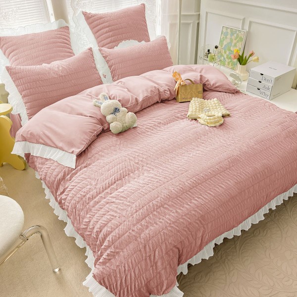 Lenjerie pat dublu,  Soft Touch CREPONAT DELUXE, 6 piese, Jojo Home, Roz pudra [1]