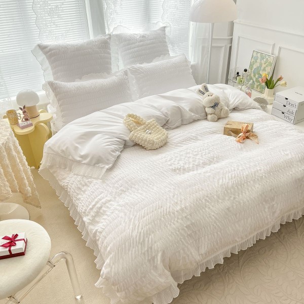 Lenjerie pat dublu,  Soft Touch CREPONAT DELUXE, 6 piese, Jojo Home, Alb [1]