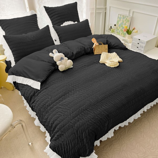Lenjerie pat dublu,  Soft Touch CREPONAT DELUXE, 6 piese, Jojo Home, Negru [1]