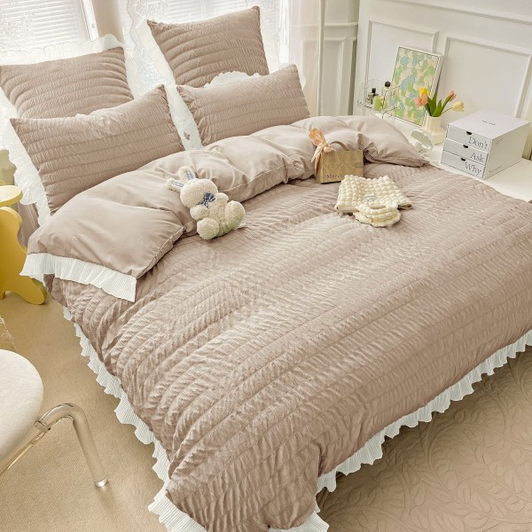 Lenjerie pat dublu,  Soft Touch CREPONAT DELUXE, 6 piese, Jojo Home, Bej [1]