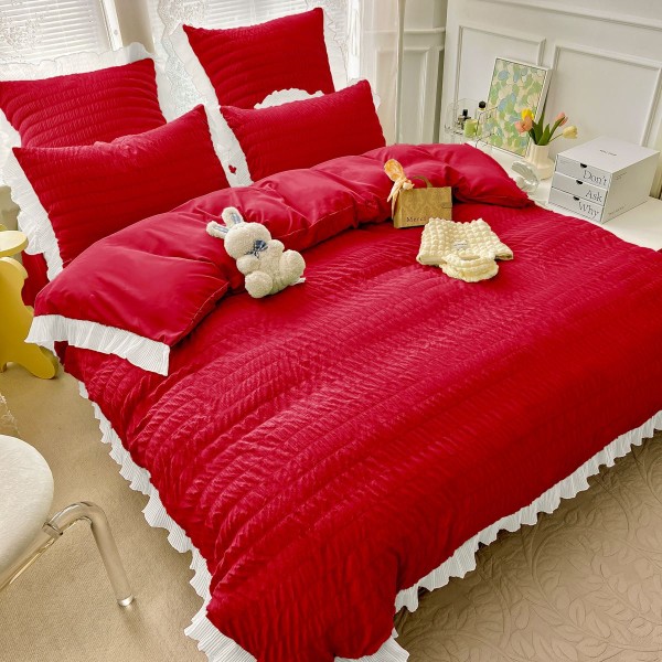 Lenjerie pat dublu,  Soft Touch CREPONAT DELUXE, 6 piese, Jojo Home, Rosu [1]