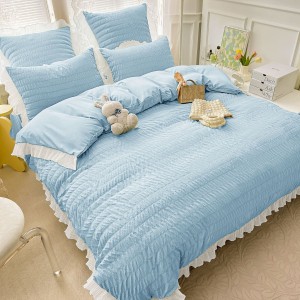 Lenjerie pat dublu,  Soft Touch CREPONAT DELUXE, 6 piese, Jojo Home, Bleu
