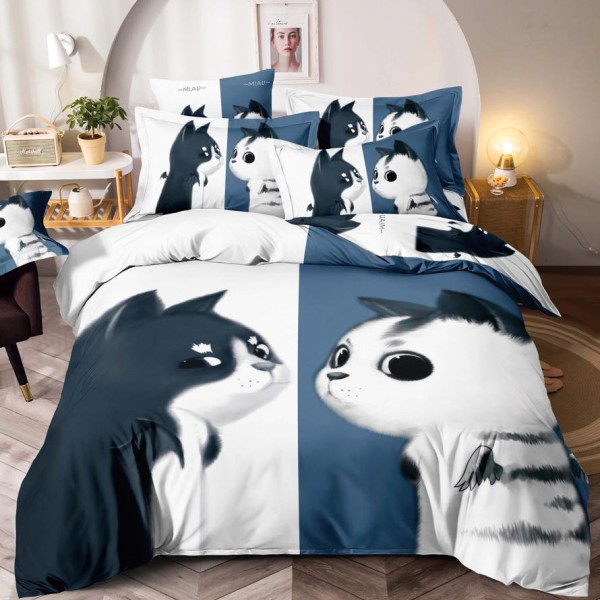 Lenjerie pat single,  FINET, Imprimeu Digital - Identic cu poza, 4 piese, cu ELASTIC, Jojo Home, Alb-Bleumarin, pisicute [1]