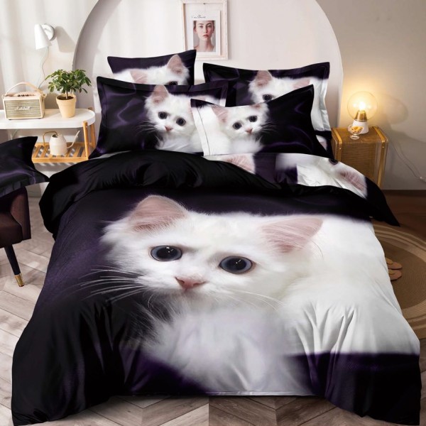 Lenjerie pat single,  FINET, Imprimeu Digital - Identic cu poza, 4 piese, cu ELASTIC, Jojo Home, Bleumarin-Alb, pisicuta [1]