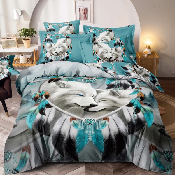 Lenjerie pat single,  FINET, Imprimeu Digital - Identic cu poza, 4 piese, cu ELASTIC, Jojo Home, Bleu-Multicolor, lup, pene [1]