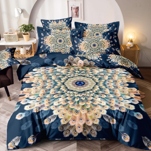 Lenjerie pat single,  FINET, Imprimeu Digital - Identic cu poza, 4 piese, cu ELASTIC, Jojo Home, Bleumarin-Multicolor, pene de paun [1]