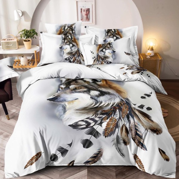 Lenjerie pat single,  FINET, Imprimeu Digital - Identic cu poza, 4 piese, cu ELASTIC, Jojo Home, Alb-Multicolor, lup, pene [1]