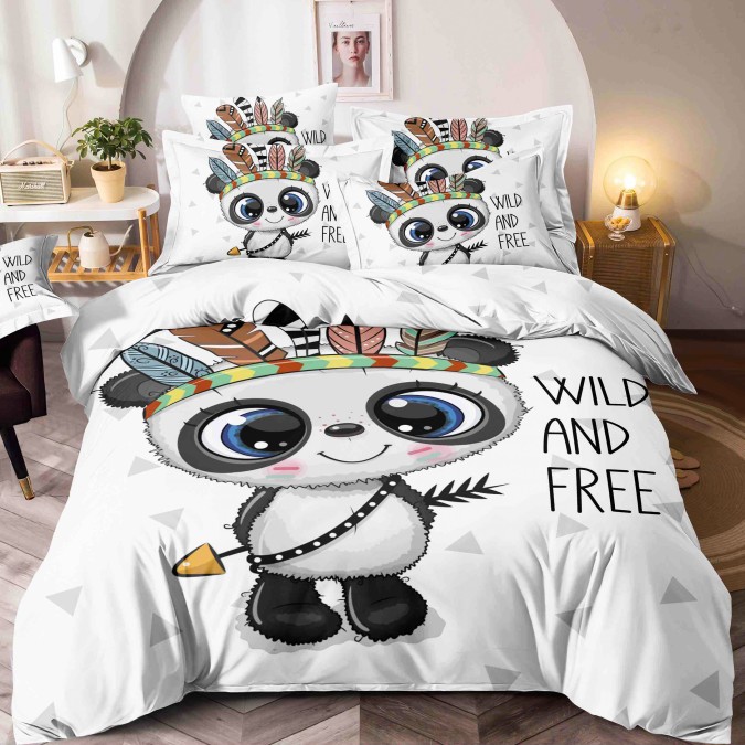 OFERTA 1+1=179 Lei: Lenjerie pat single BUMBAC FINET Imprimeu Digital - Identic cu poza 4 piese cu ELASTIC Jojo Home Alb-Multicolor ursulet Panda