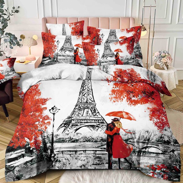 Lenjerie pat single,  FINET, Imprimeu Digital - Identic cu poza, 4 piese, cu ELASTIC, Jojo Home, Alb-Multicolor, Turnul Eiffel, indragostiti [1]