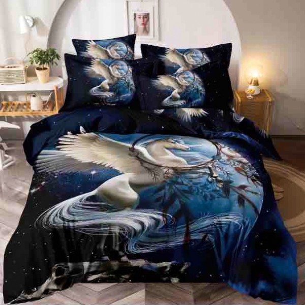 Lenjerie pat single,  FINET, Imprimeu Digital - Identic cu poza, 4 piese, cu ELASTIC, Jojo Home, Alb-Bleumarin, unicorn [1]