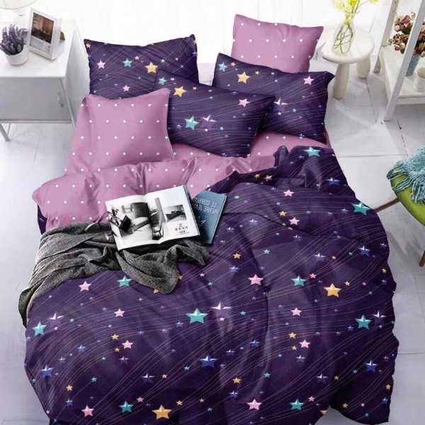 Lenjerie pat 1 PERSOANA,  FINET, 4 piese, Jojo Home, Mov-Multicolor, stelute [1]