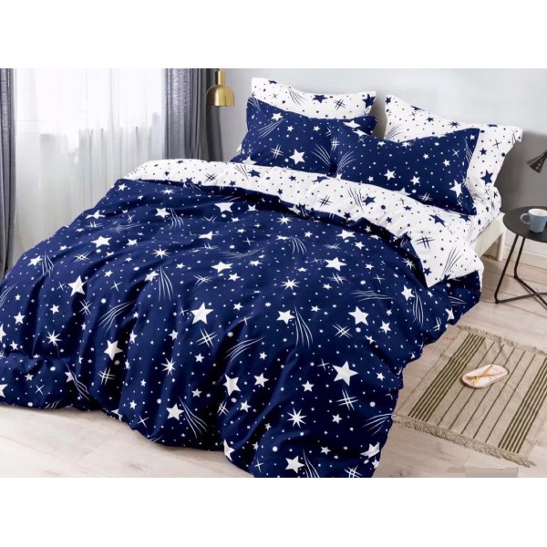 Lenjerie pat 1 PERSOANA,  FINET, 4 piese, Jojo Home, Bleumarin-Alb, stelute [1]