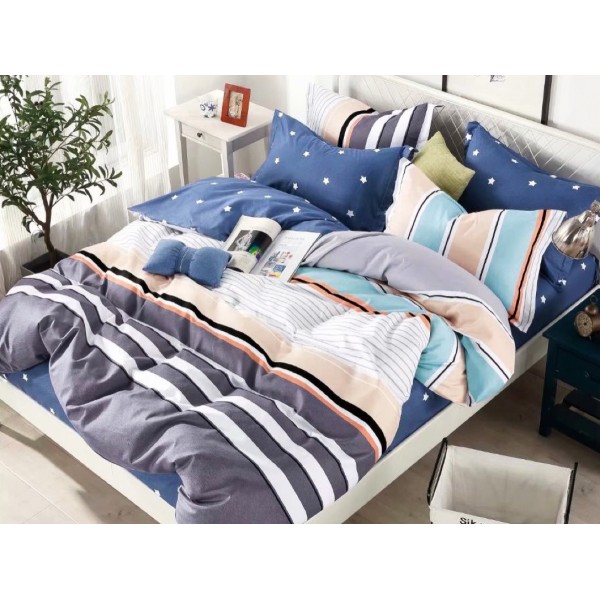 Lenjerie pat 1 PERSOANA,  FINET, 4 piese, Jojo Home, Bleu-Gri, dungi, stelute [1]