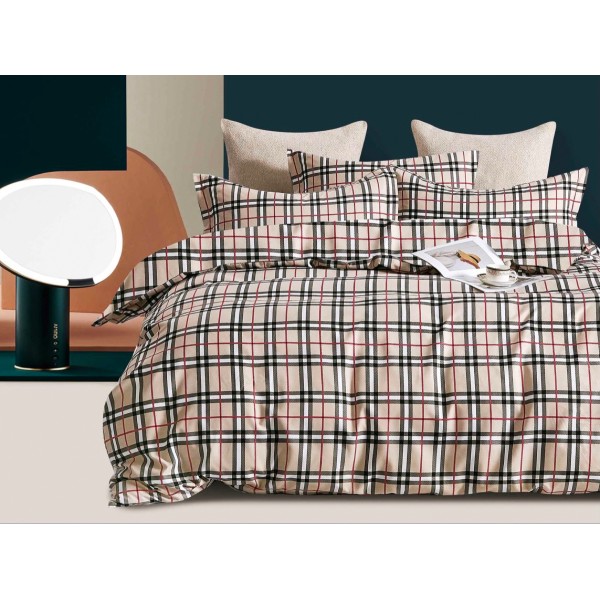 Lenjerie pat 1 PERSOANA,  FINET, 4 piese, Jojo Home, Bej-Negru, carouri, dungi [1]