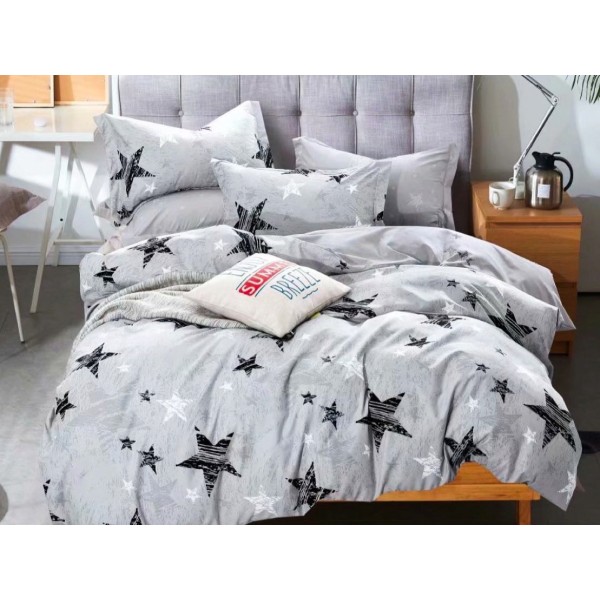 Lenjerie pat 1 PERSOANA,  FINET, 4 piese, Jojo Home, Gri-Negru, stelute [1]