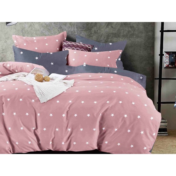 Lenjerie pat 1 PERSOANA,  FINET, 4 piese, Jojo Home, Roz-Gri, stelute [1]