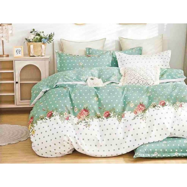 Lenjerie pat 1 PERSOANA,  FINET, 4 piese, Jojo Home, Alb, flori, buline [1]