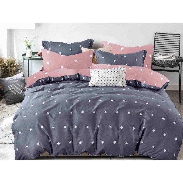 Lenjerie pat 1 PERSOANA,  FINET, 4 piese, Jojo Home, Gri-Roz, stelute [1]