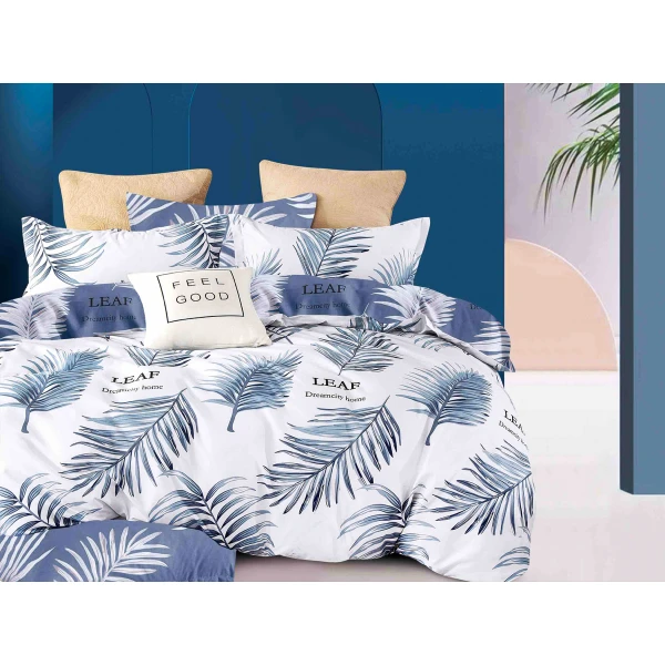 Lenjerie pat 1 PERSOANA,  FINET, 4 piese, Jojo Home, Alb-Bleu, frunze [1]