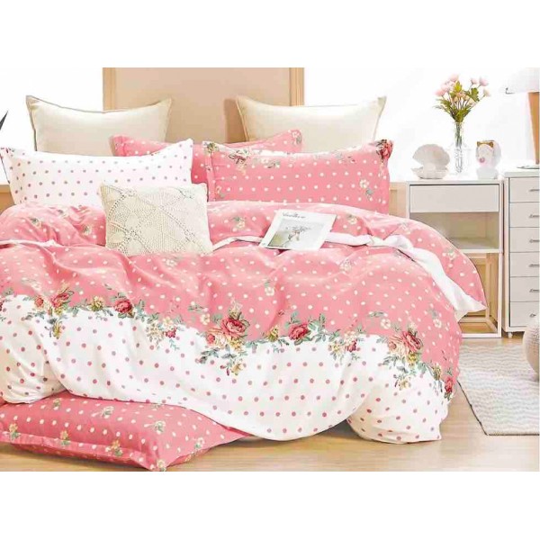 Lenjerie pat 1 PERSOANA,  FINET, 4 piese, Jojo Home, Alb-Roz, flori, buline [1]
