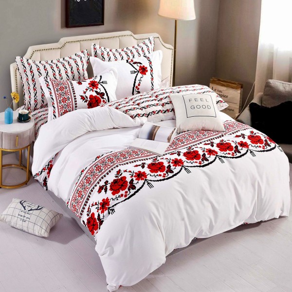 Lenjerie pat 1 PERSOANA,  FINET, 4 piese, Jojo Home, Alb-Rosu, model traditional [1]