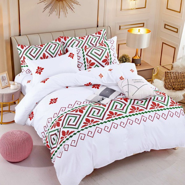 Lenjerie pat 1 PERSOANA,  FINET, 4 piese, Jojo Home, Alb-Rosu, model traditional [1]